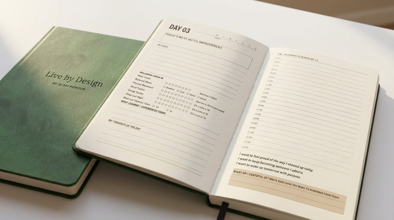 90 day planner open at a daily page beside the closed forest-green cover on a desk