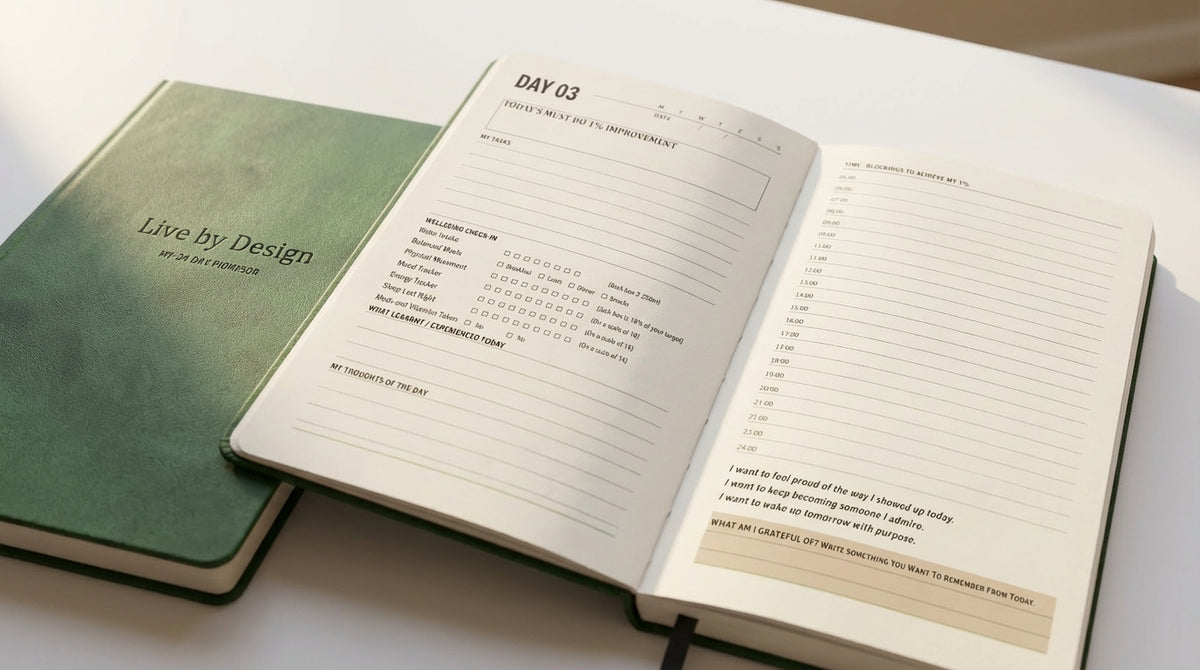 90 day planner open at a daily page beside the closed forest-green cover on a desk