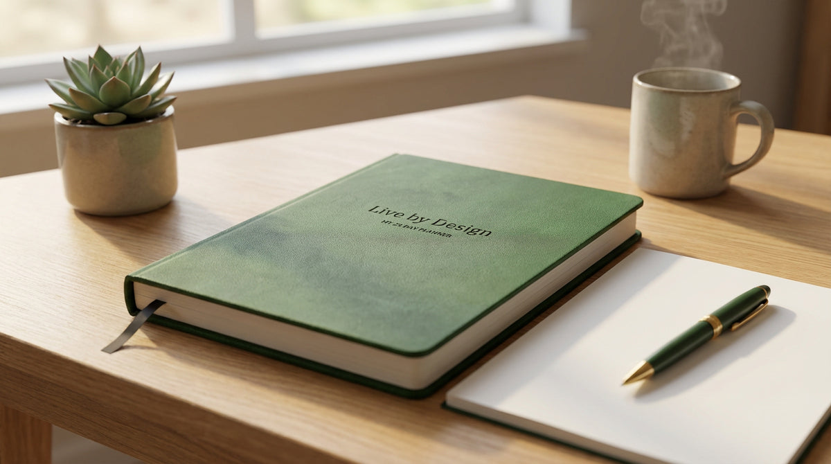 Forest-green Live by Design 90 day planner on a sunny desk with a pen and coffee