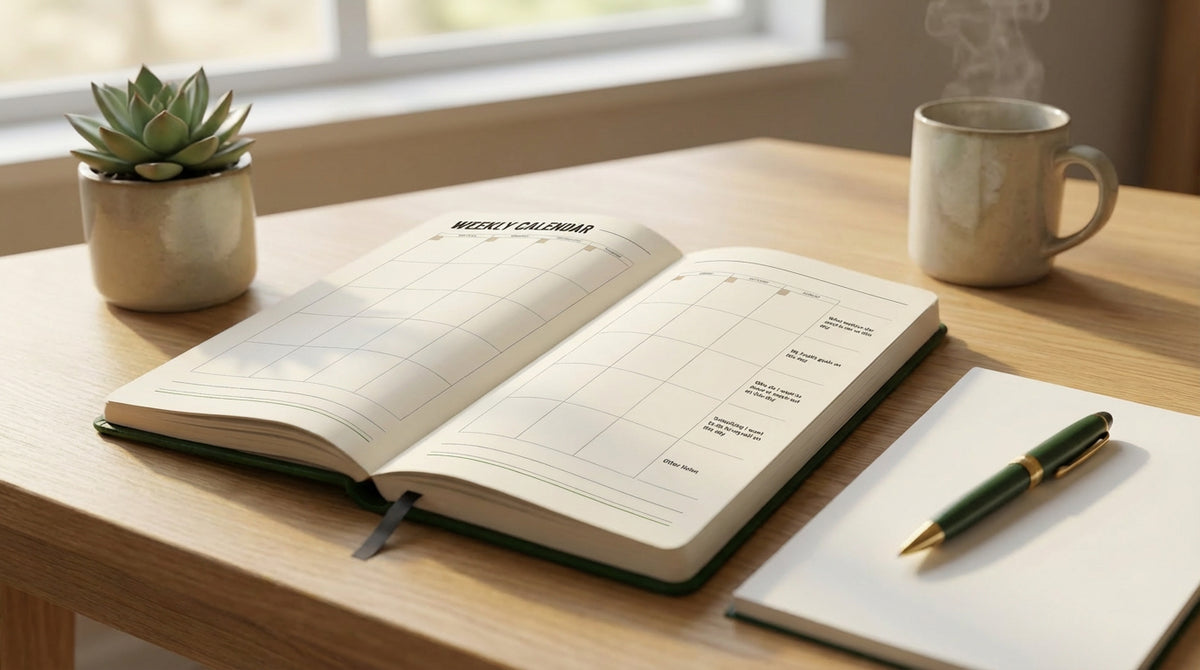90 day planner open at the weekly calendar on a desk